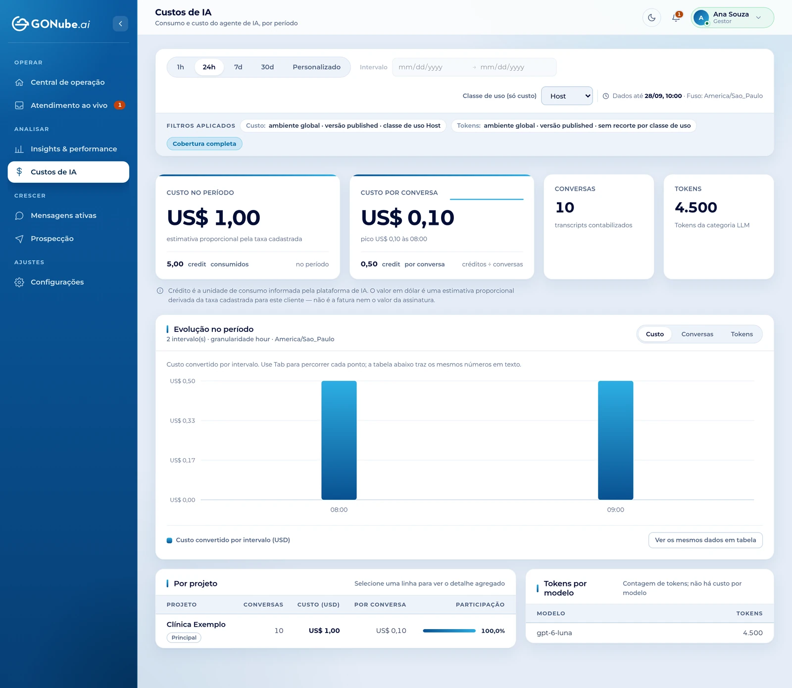 Custos de IA com filtros, cobertura e distribuição do consumo; dados fictícios